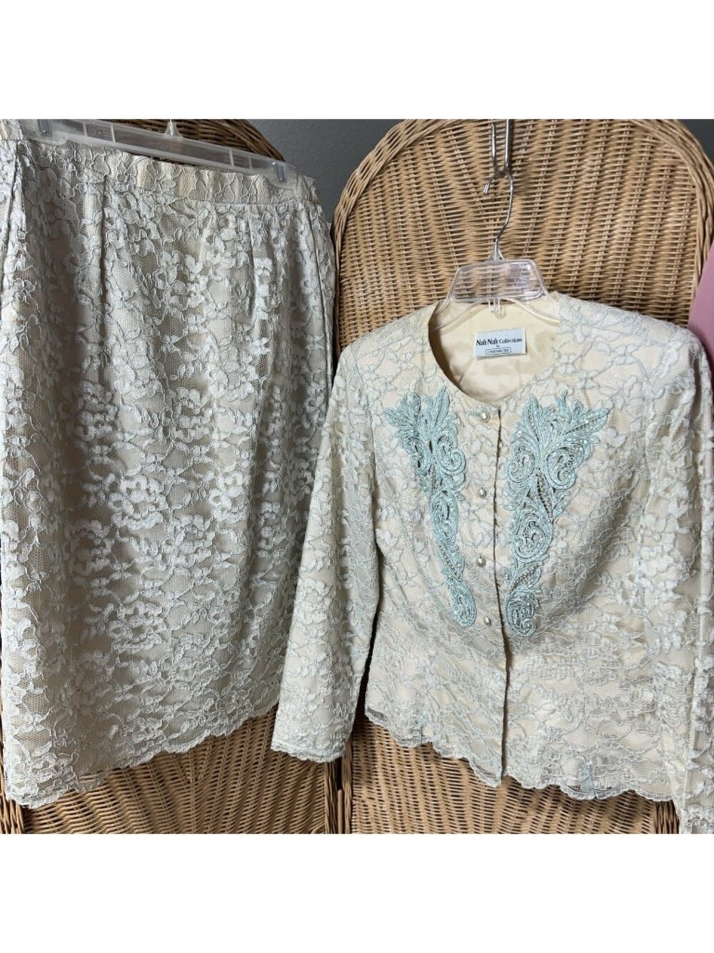 VTG 80s Nah Nah Collection by Jonathan Tait Mint Beige Pearl Skirt Suit Sz 7/8